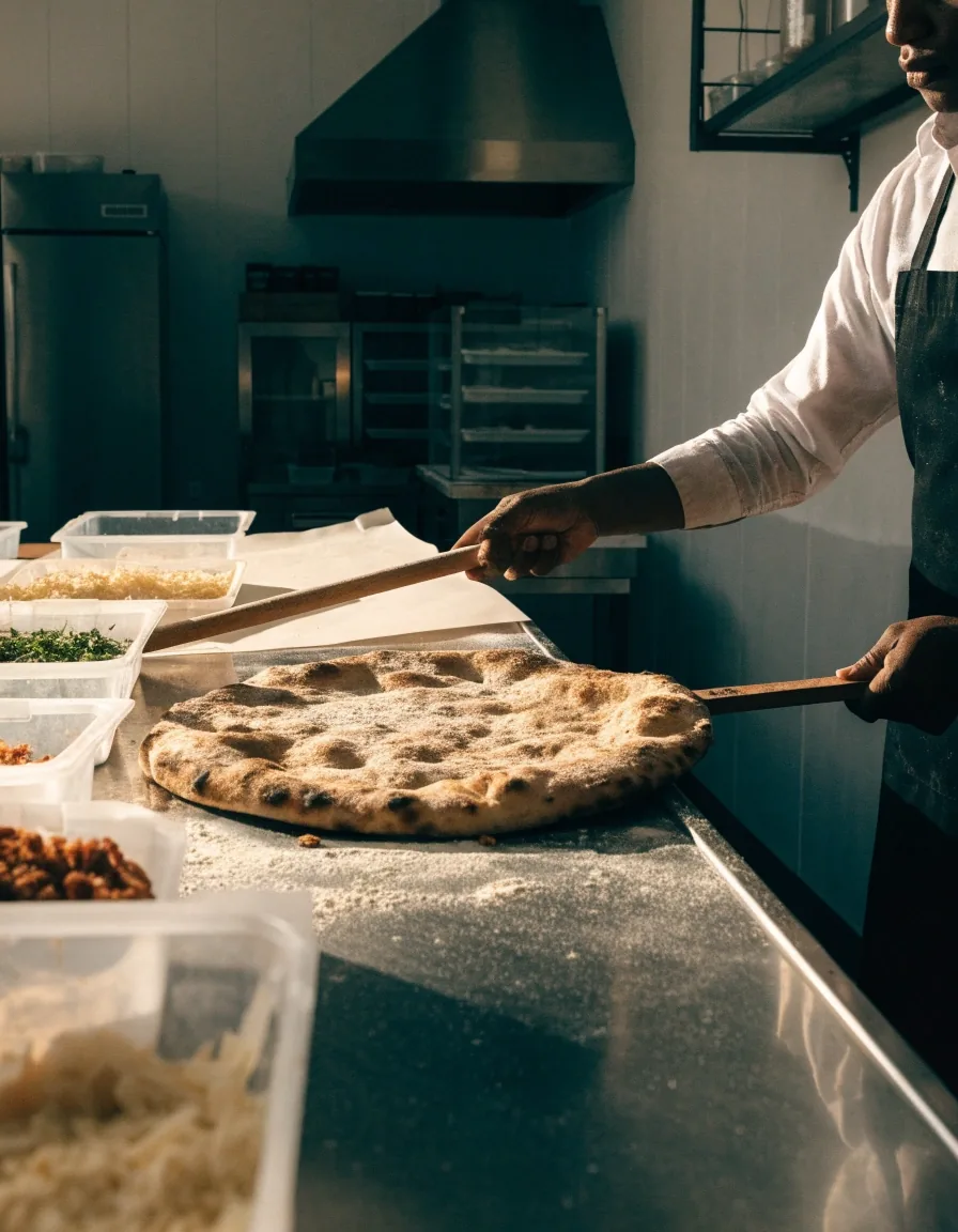 A whole sliced pizza straight from the oven, resting on an open box at the Croydon pizza shop
