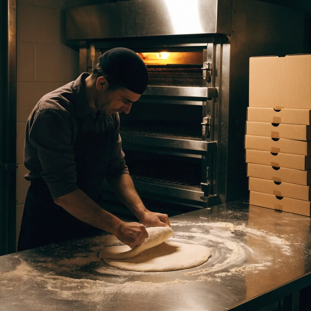 A pizzaiolo stretching dough on the counter inside the Fireaway Pizza Croydon kitchen