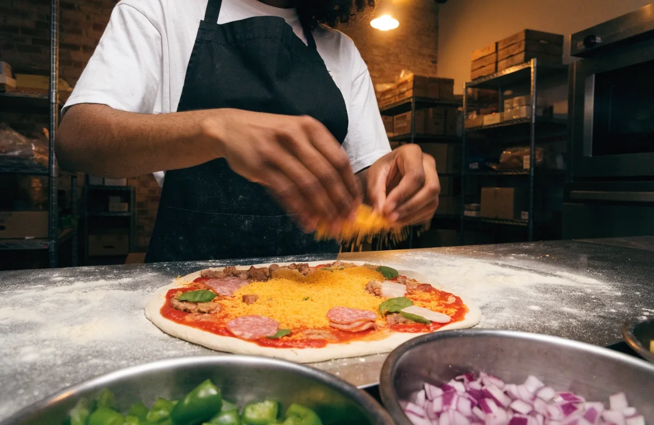 Hands adding peppers and red onion to a pizza base on the worktop at Fireaway Pizza Croydon