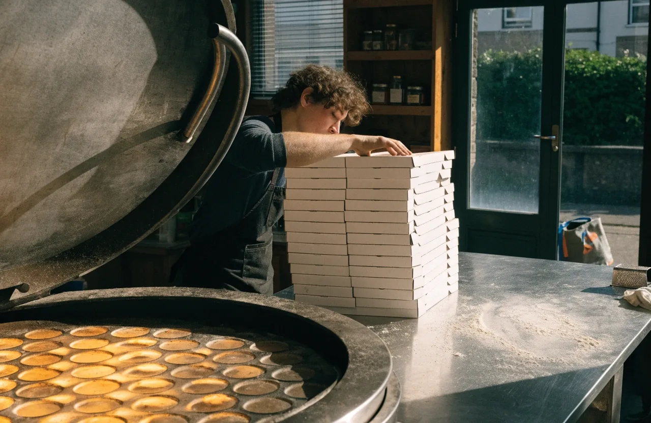 Staff tidying the counter and stacked pizza boxes at Fireaway Pizza Croydon before the lunch rush