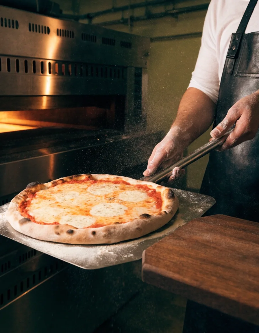 A pizza being lifted from the oven onto a board at the Croydon shop