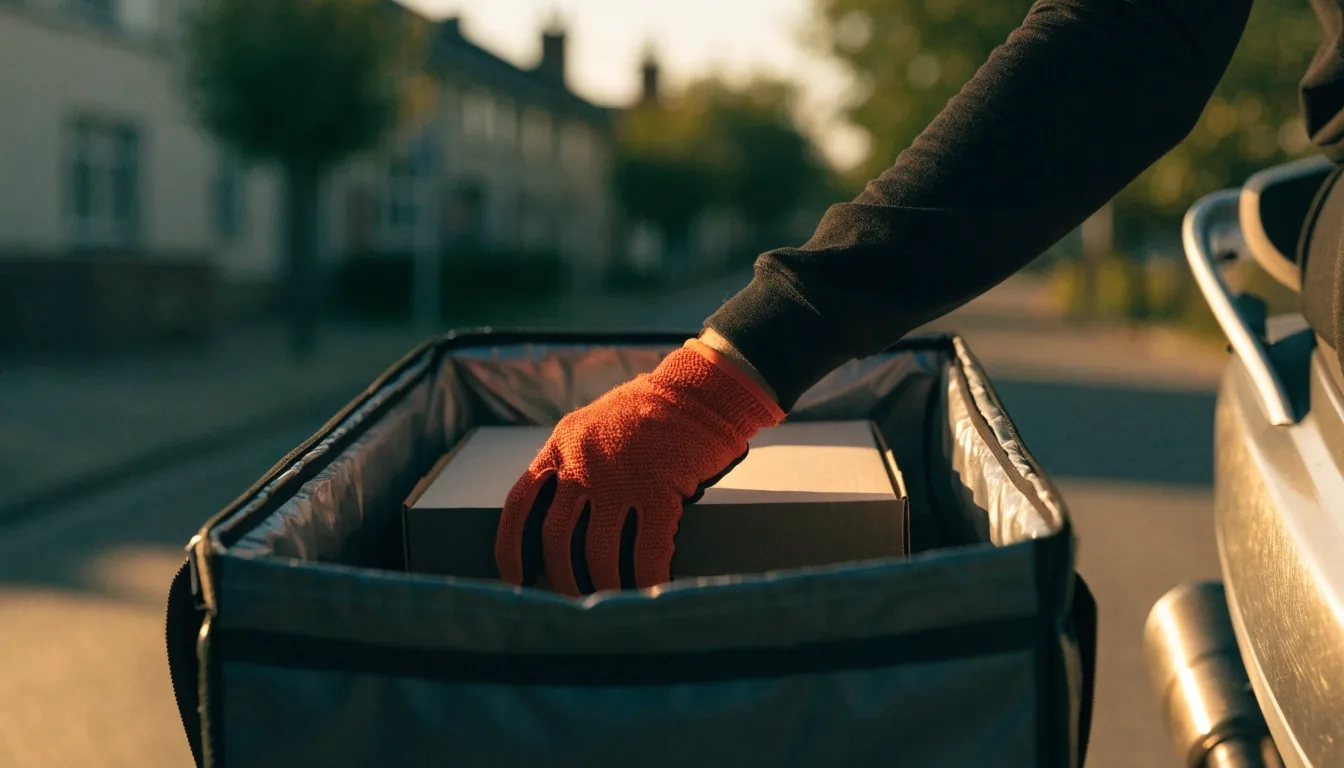 Closed pizza box inside an insulated delivery bag on a car seat in Croydon