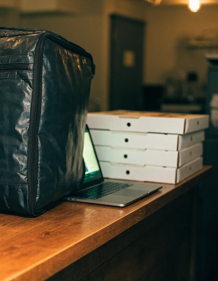 Laptop on the counter of a pizza shop back-of-house with delivery bag nearby