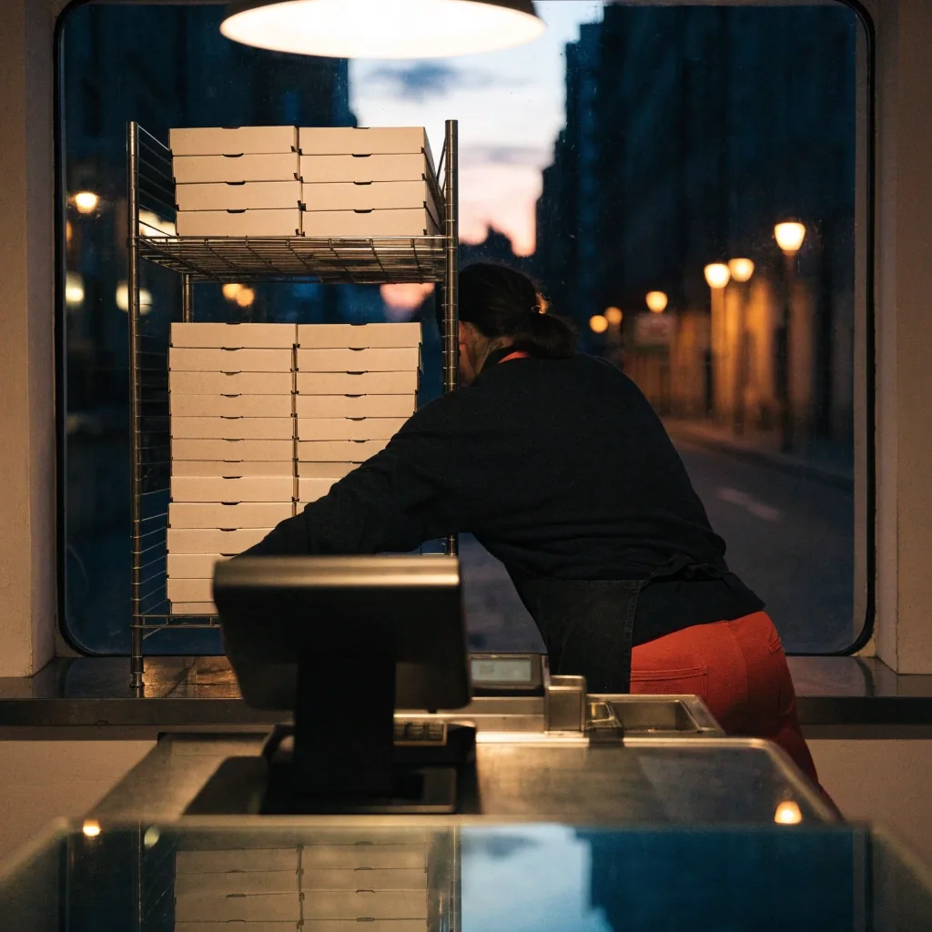 Pizza shop counter from behind the till with hands stacking boxes