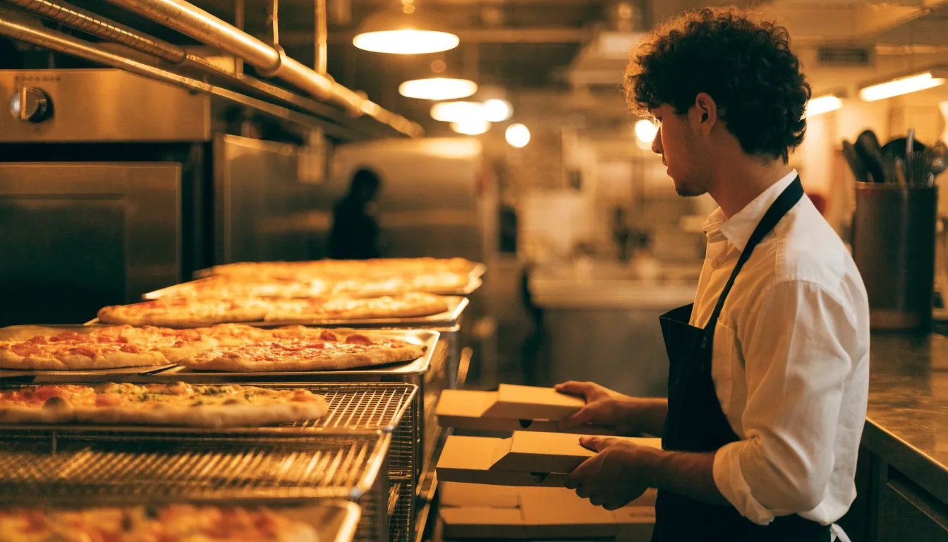 Pizzas on metal trays in a pizza shop kitchen with an apron-clad worker folding boxes