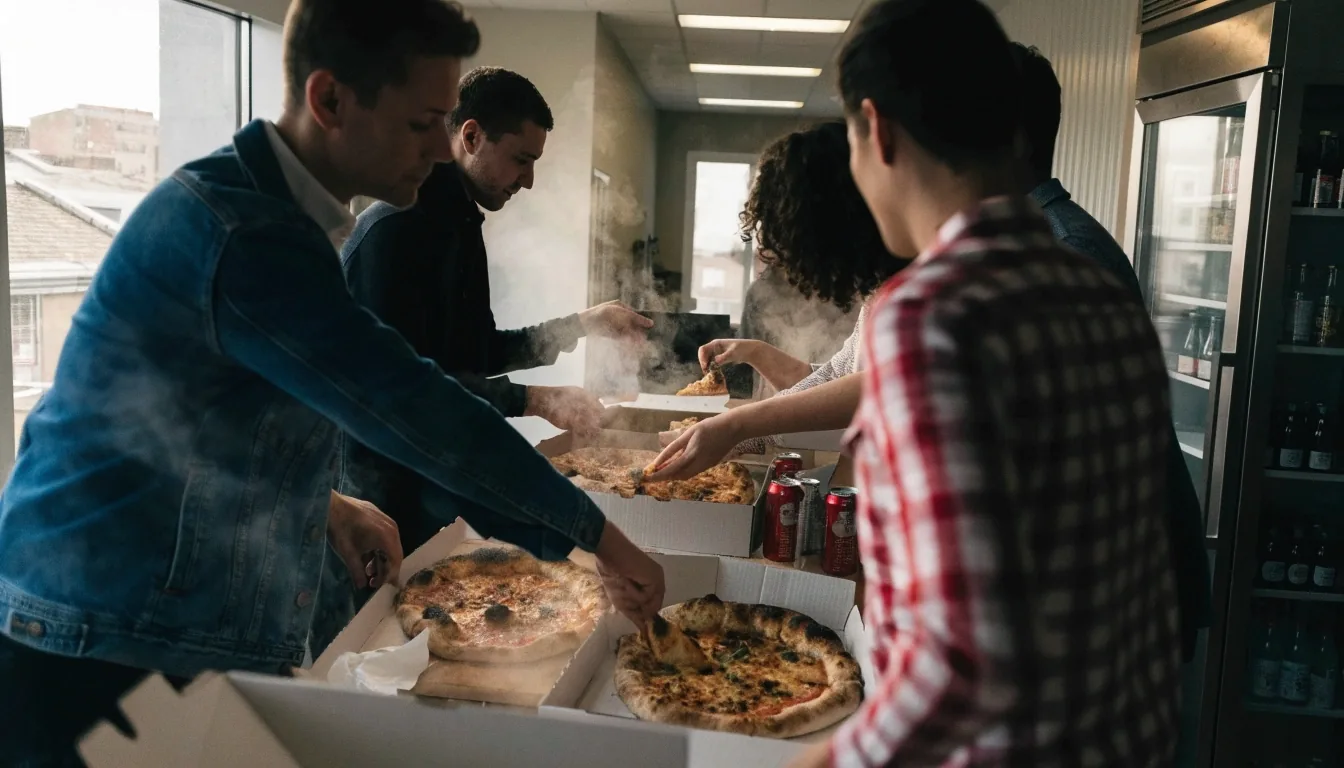 A group pizza order laid out for colleagues in an office kitchen