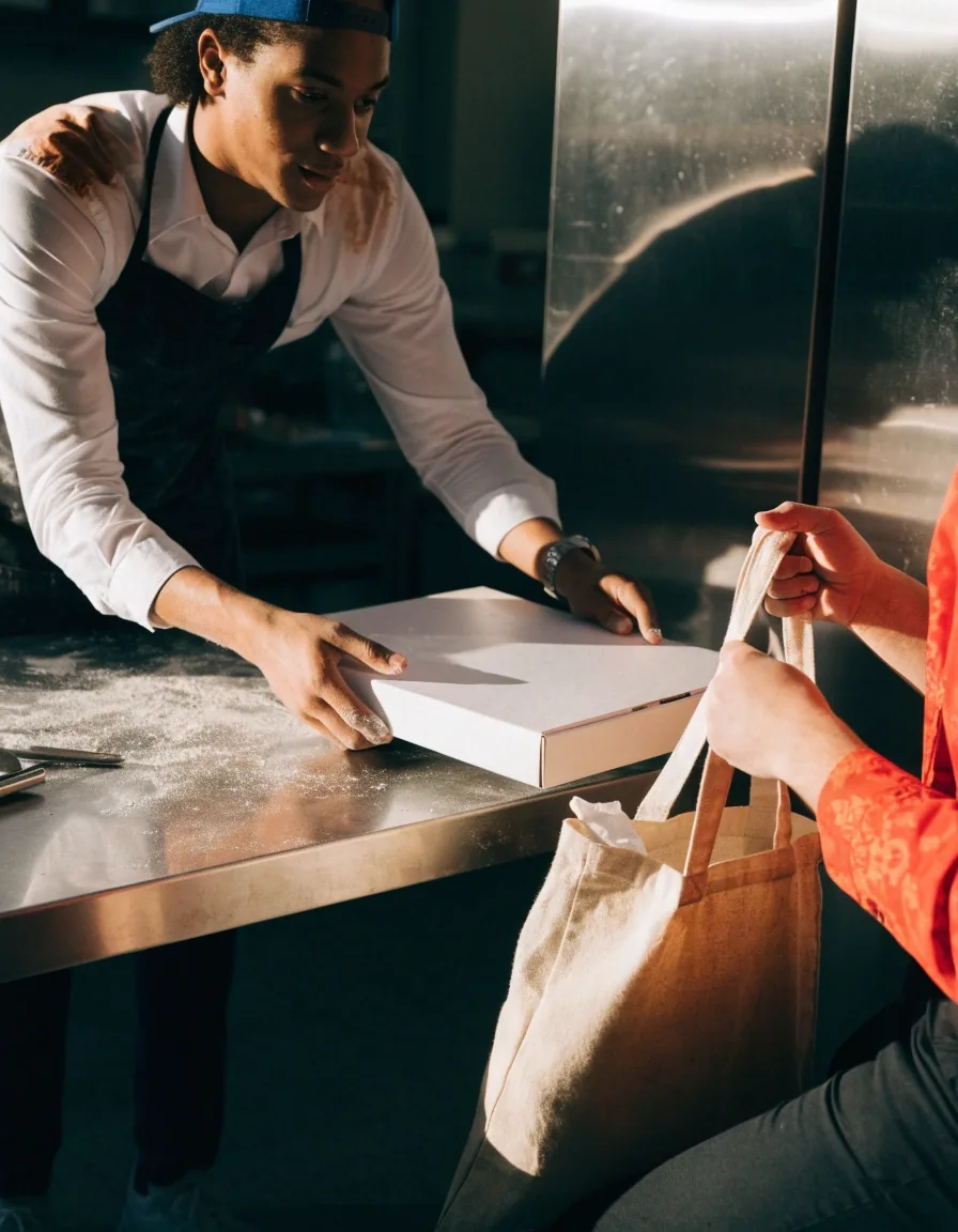 A pizza box being handed over the counter at the Croydon shop