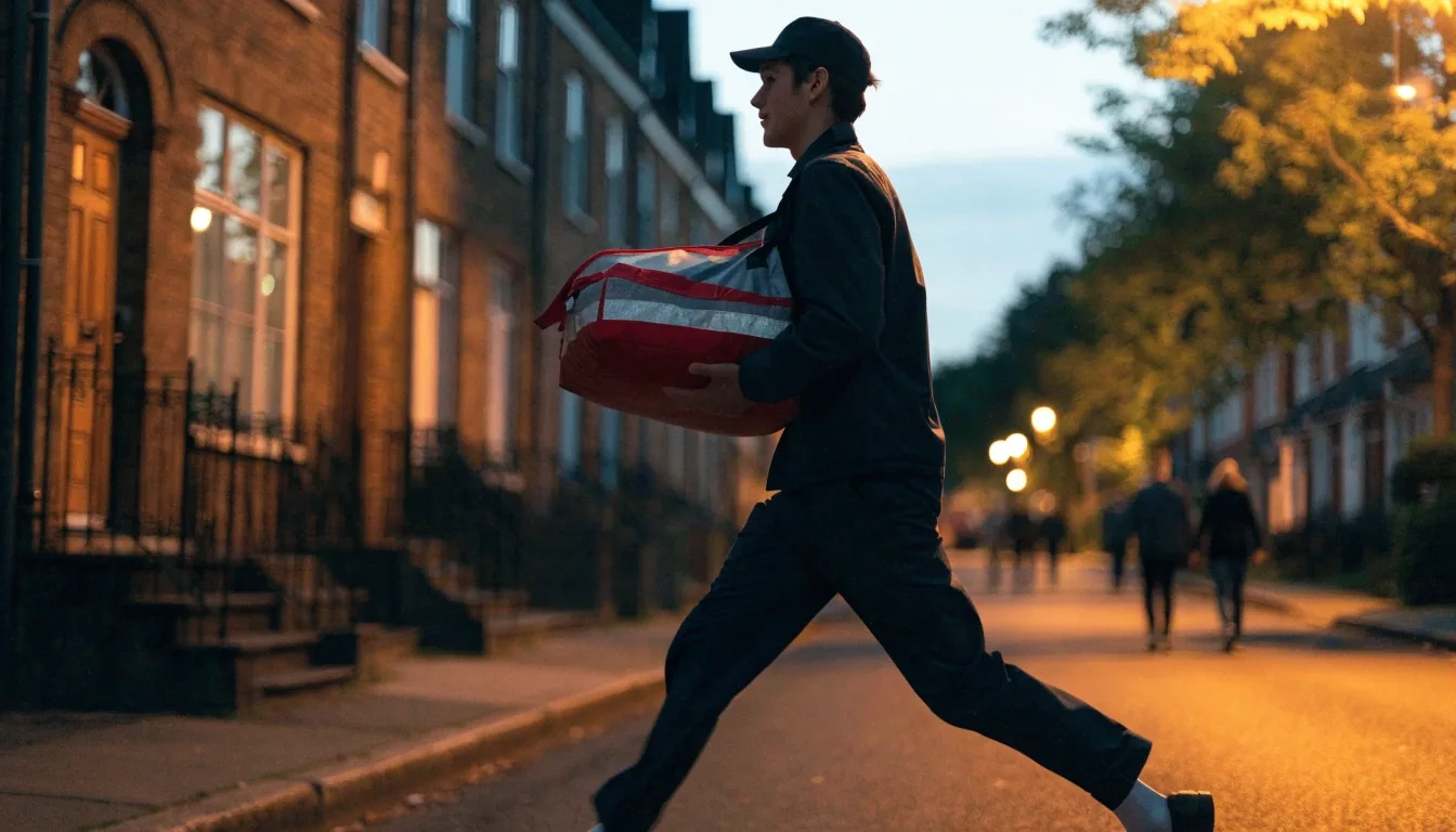 Courier carrying an insulated pizza bag along a Croydon residential street