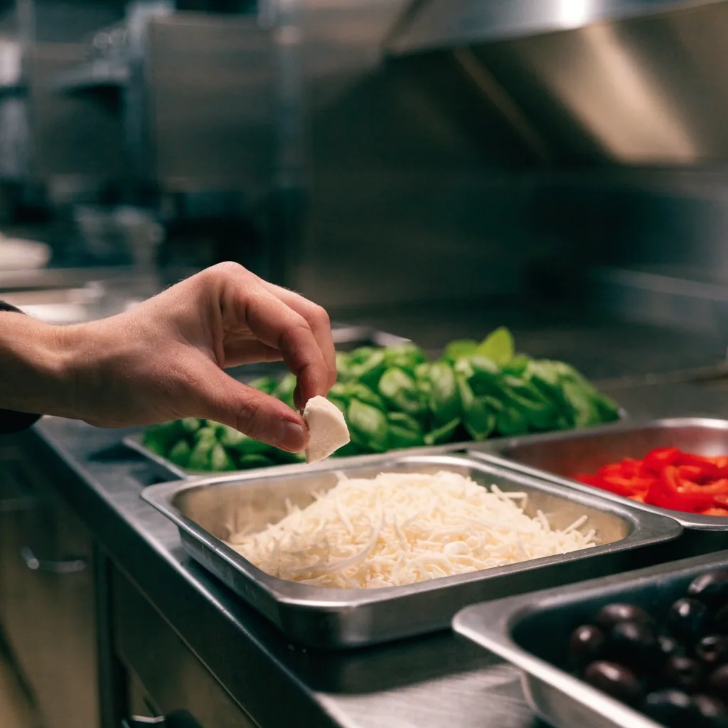 Fresh pizza toppings arranged in separate trays on a stainless steel prep surface