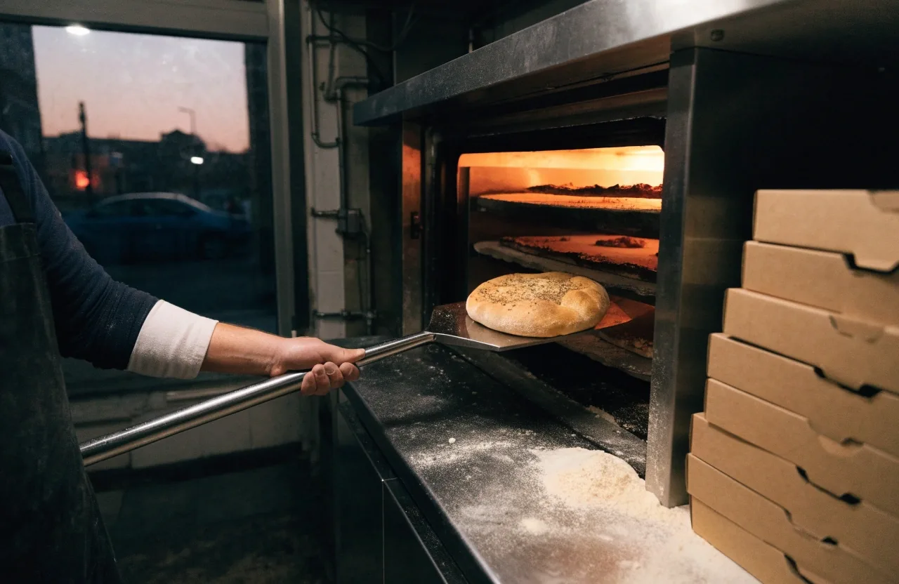 Interior of a small neighbourhood pizza shop in the early evening with the counter and oven visible