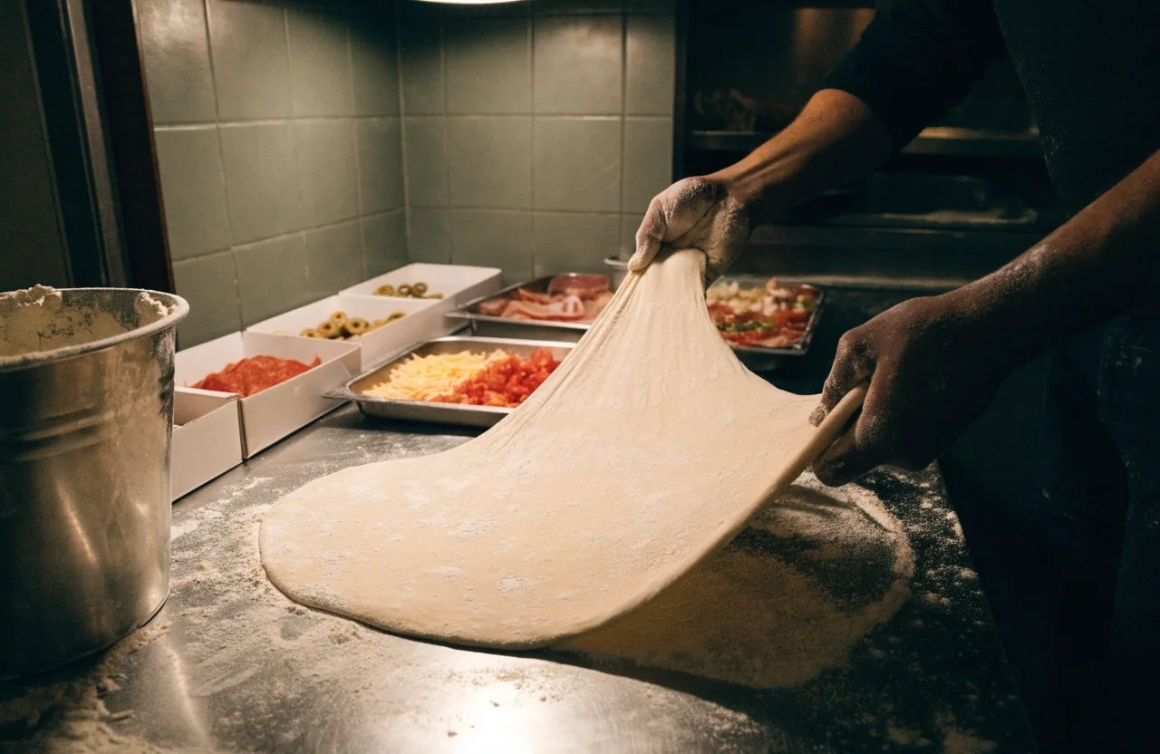 Pizzaiolo stretching dough on a flour-dusted counter in a compact Croydon takeaway kitchen