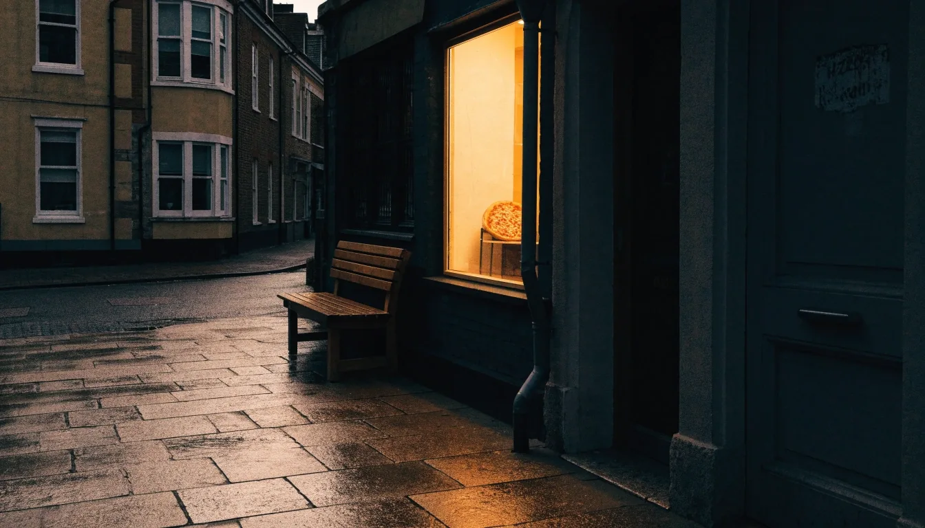 Quiet pavement outside a small pizza shop in the late evening with warm light from the window