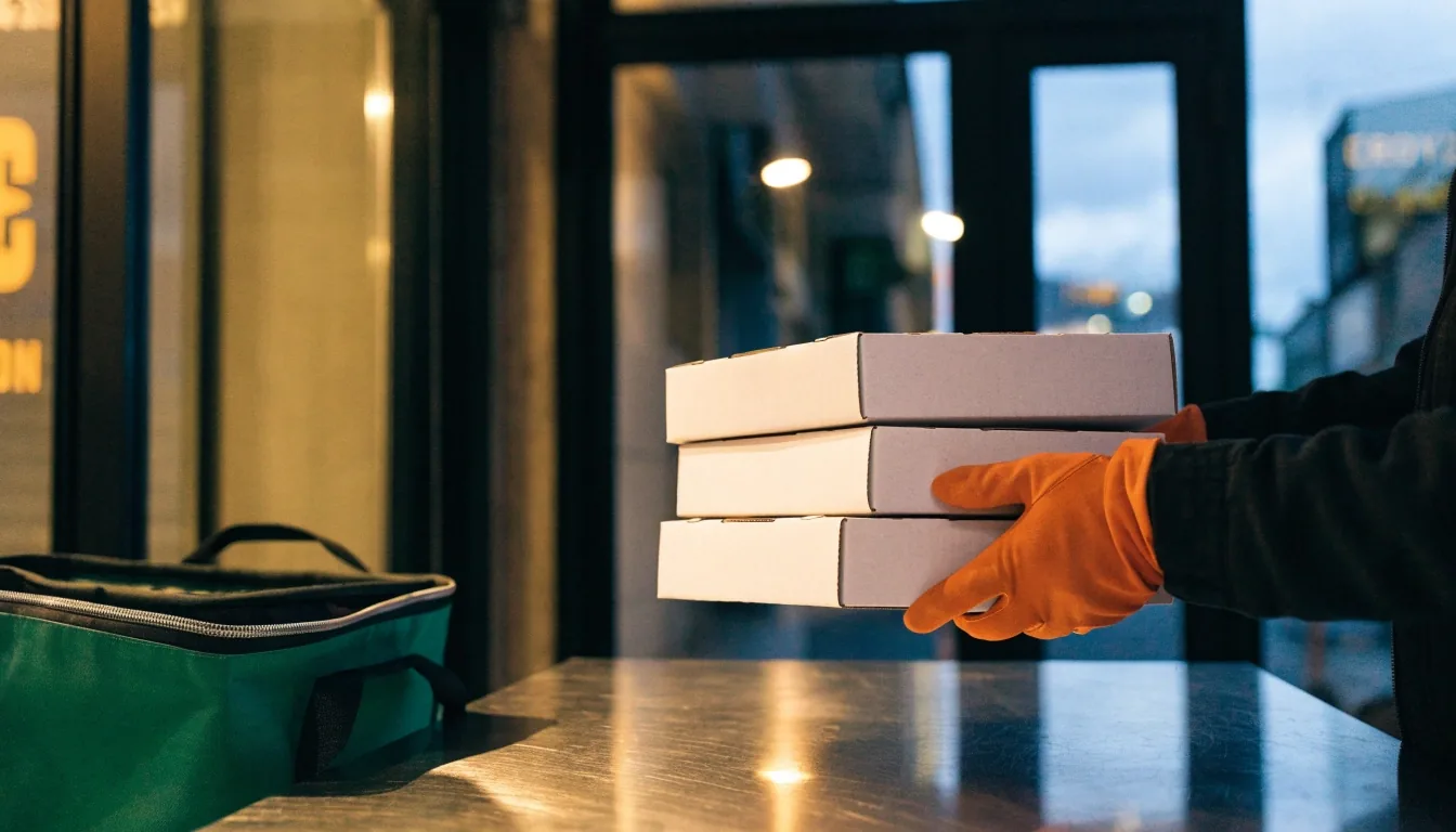 Stacked pizza boxes and an insulated delivery bag on a bench beside a shop doorway at dusk