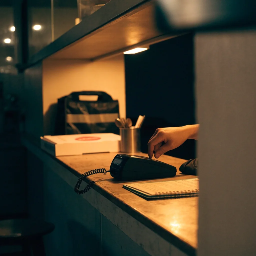 Takeaway counter in a small pizza shop with a card reader and order pad on the surface