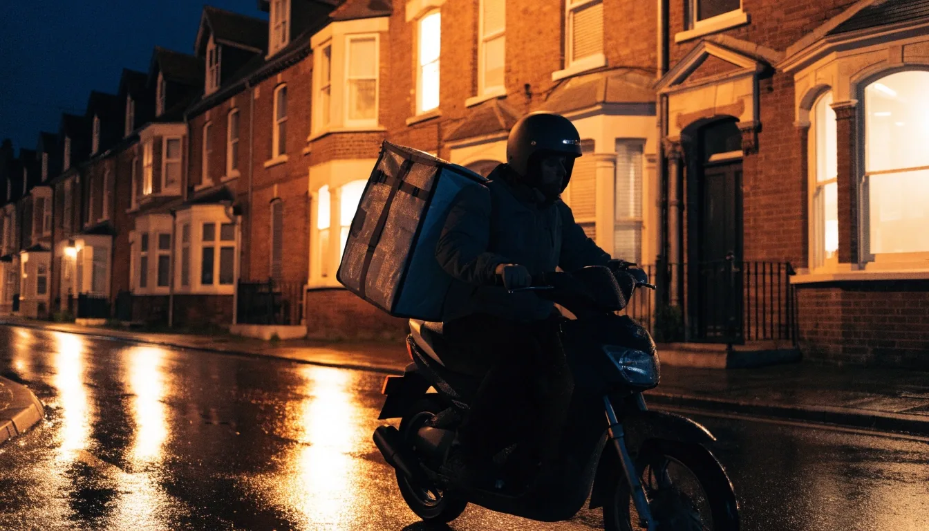 A delivery rider carrying an insulated bag along a residential street in Croydon at night