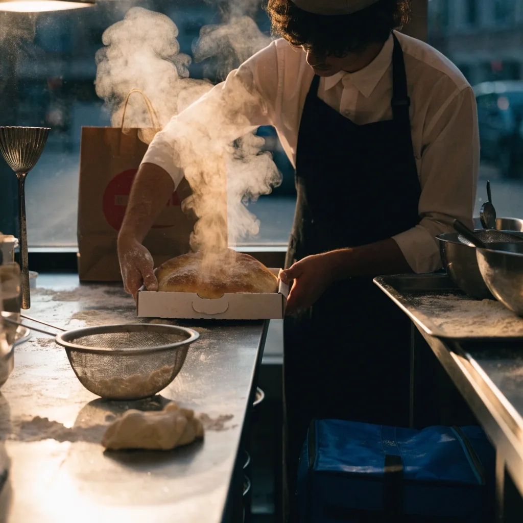 A pizza being lifted from the oven on a peel in the Fireaway Pizza Croydon kitchen