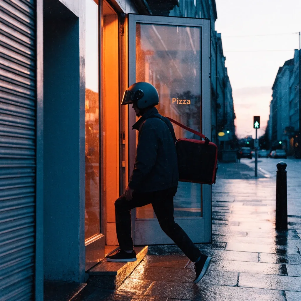A delivery rider leaving the Fireaway Pizza Croydon shop on High Street at dusk