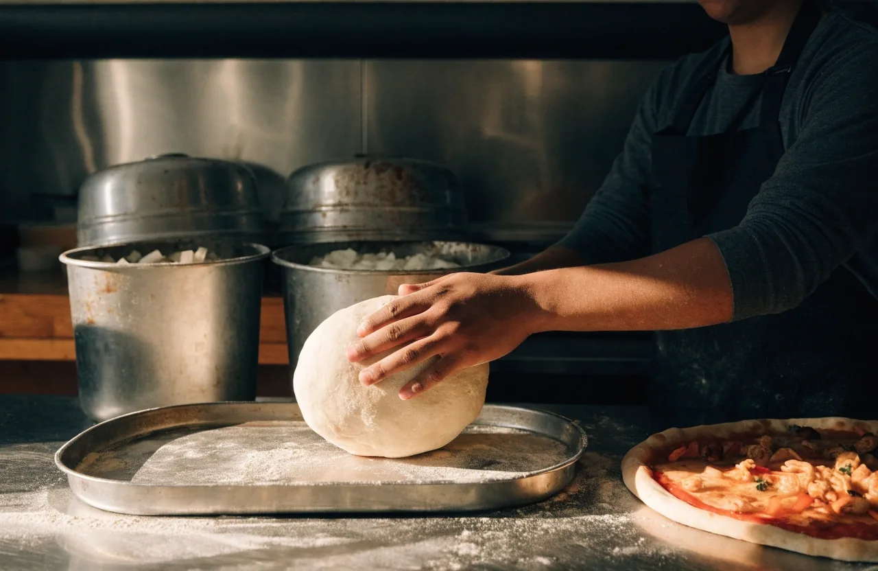 Toppings being spread across a pizza base by hand in the Croydon kitchen