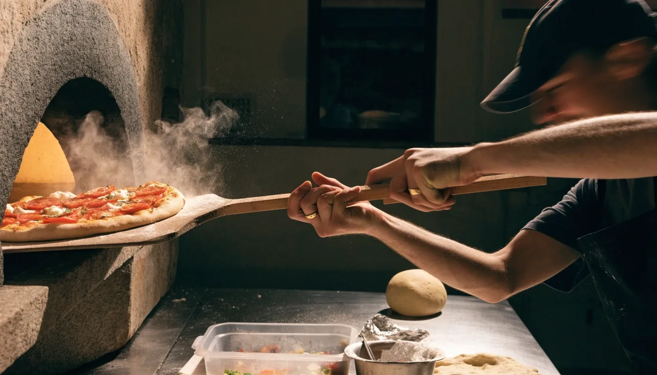 A pizza being stretched by hand on the kitchen counter at Fireaway Pizza Croydon