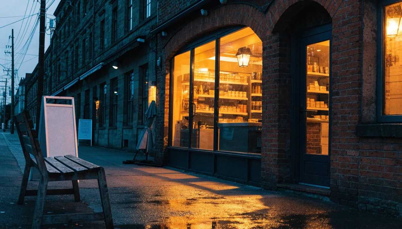 The Croydon pizza shop front glowing onto the pavement in the early evening