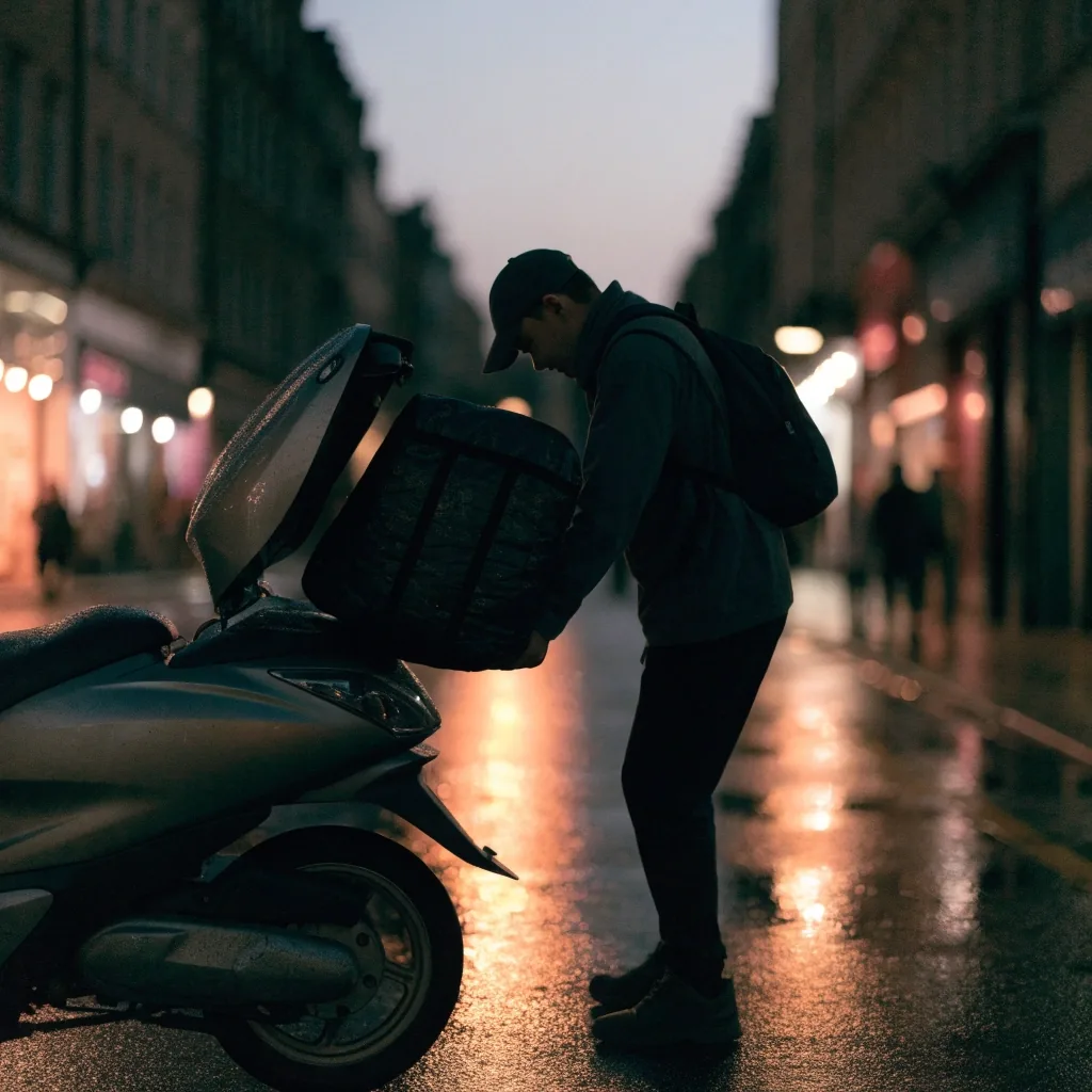 A delivery rider lifting an insulated bag from a scooter on a high street at dusk