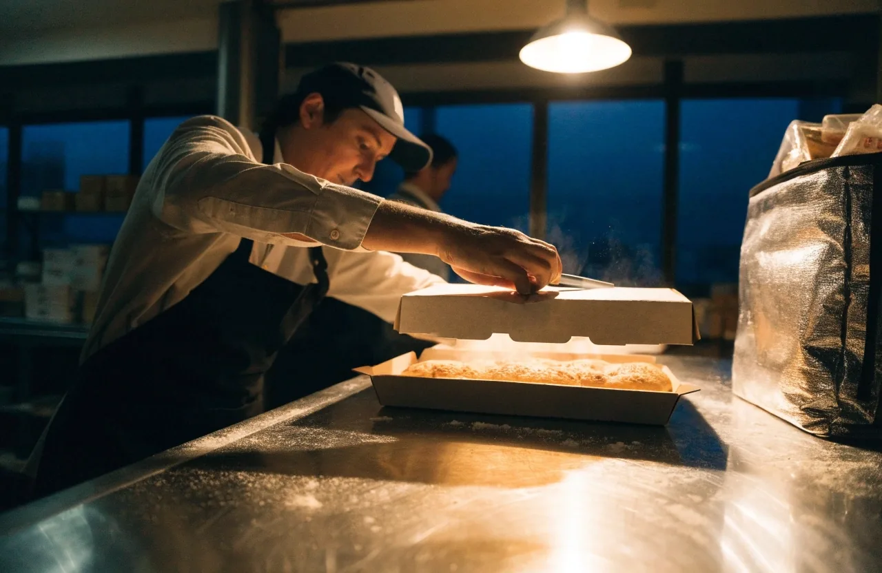 A pizza on a wooden counter beside a delivery box in a bright shop
