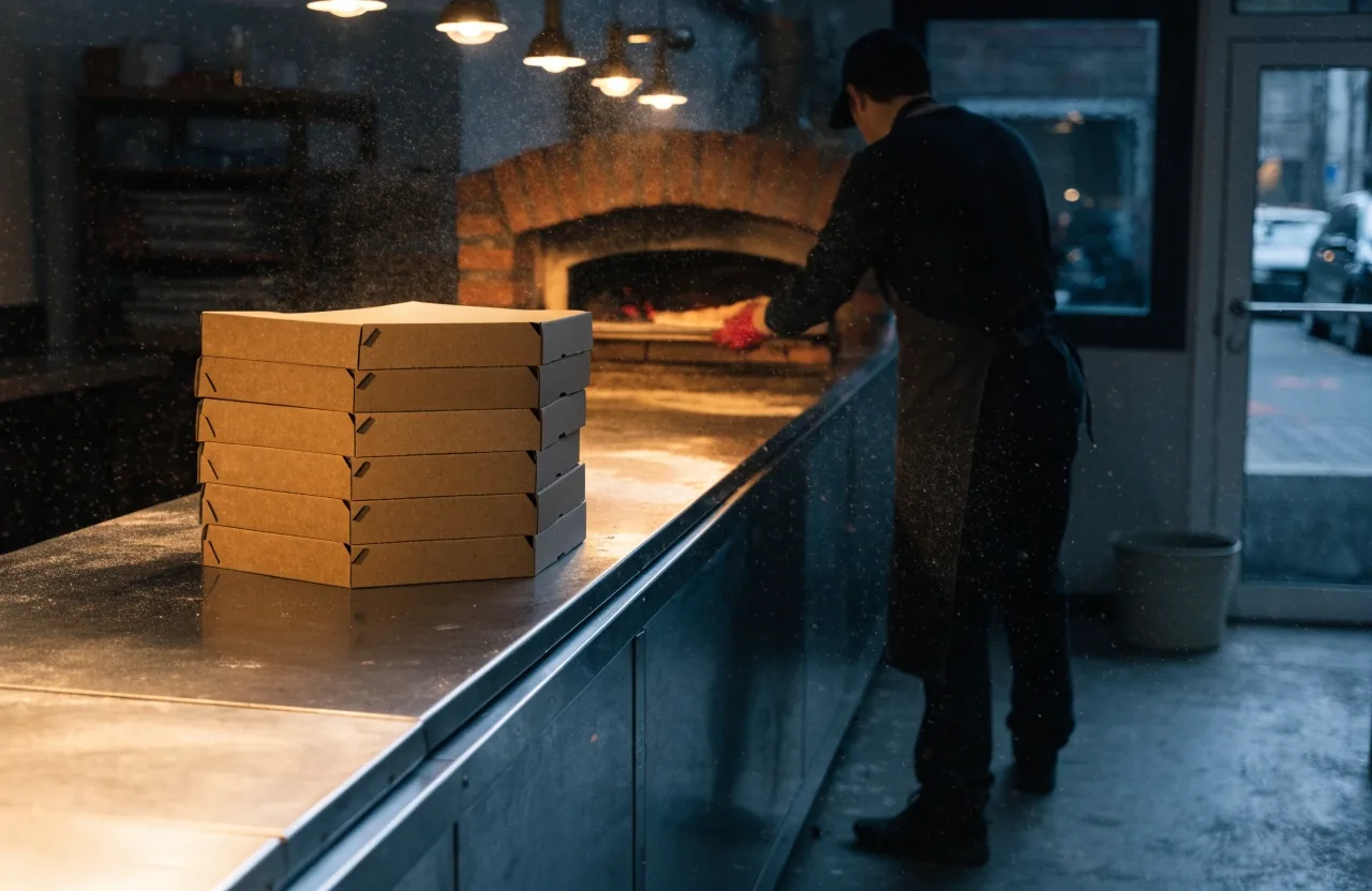 Interior of a pizza shop in the evening with a counter and a person working at the oven